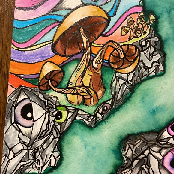 Unframed Original Art Surreal Watercolour Painting Mushrooms Eyes Waterscape - Picture 4 of 8